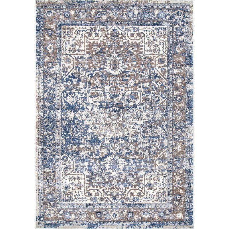 Reversible Medallion Light Blue 5' Square Synthetic Area Rug