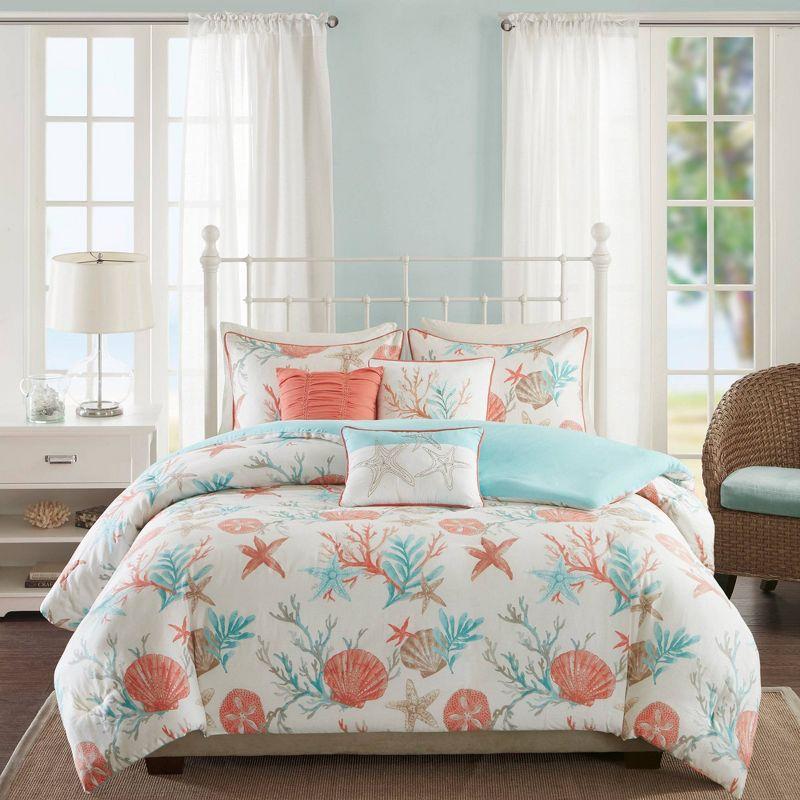 Coral and Teal Coastal Cotton Duvet Cover Set, Full/Queen, 6 Pieces