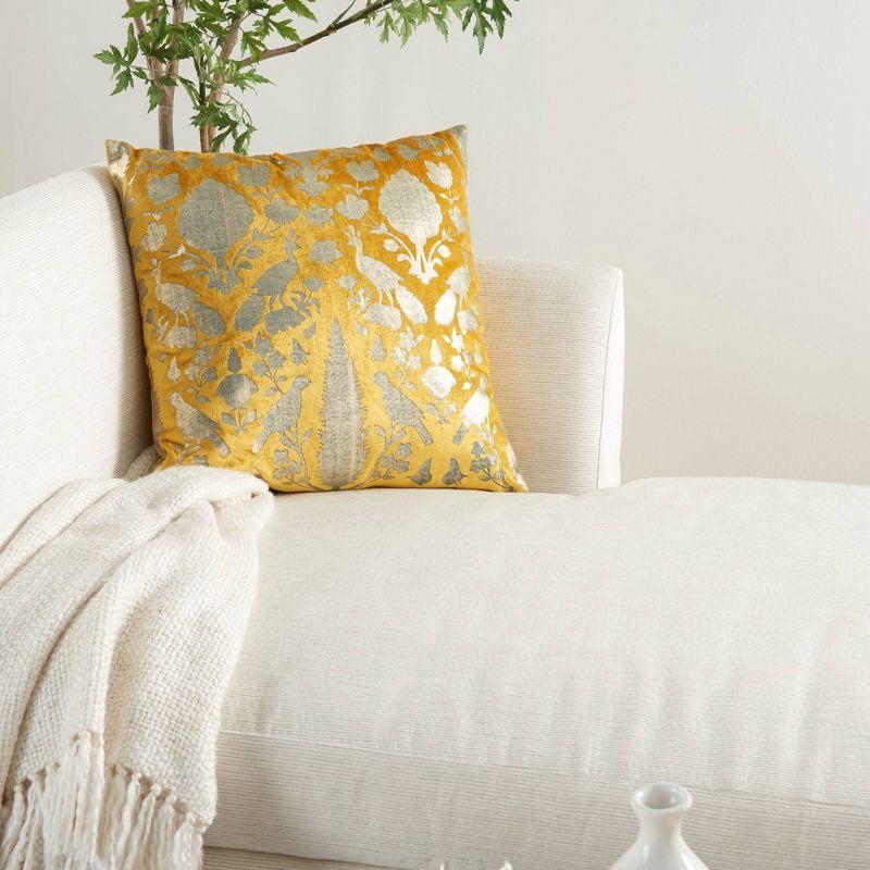 Golden Yellow Velvet Square Throw Pillow with Foil Print Birds