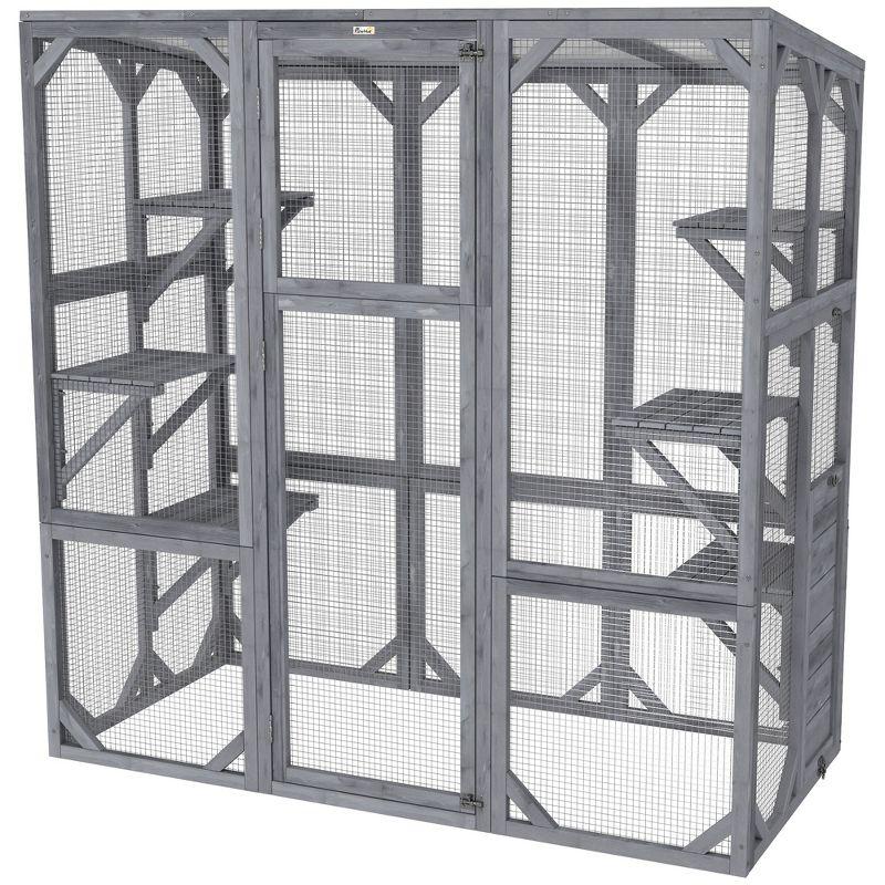 PawHut Catio Outdoor Cat Enclosure, Large Wooden Cat House with 6 Jumping Platforms, Weatherproof Roof, for 1-3 Cats, 59" x 28" x 60", Gray