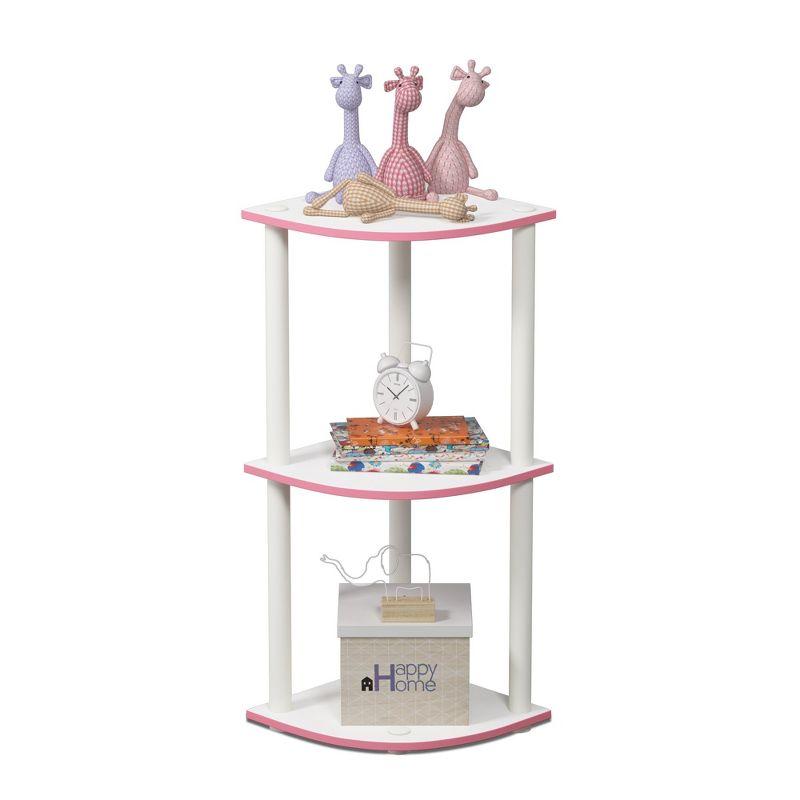 Furinno 3-Tier Corner Display Rack Open Multipurpose Bookcase Cabinet with Adjustable Shelves,Pink/White