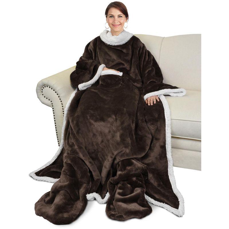 Catalonia Fleece Wearable Blanket with Sleeves & Foot Pockets for Adult, Comfy Snuggle Wrap Sleeved Throw Blanket Robe, Gift for Her Him