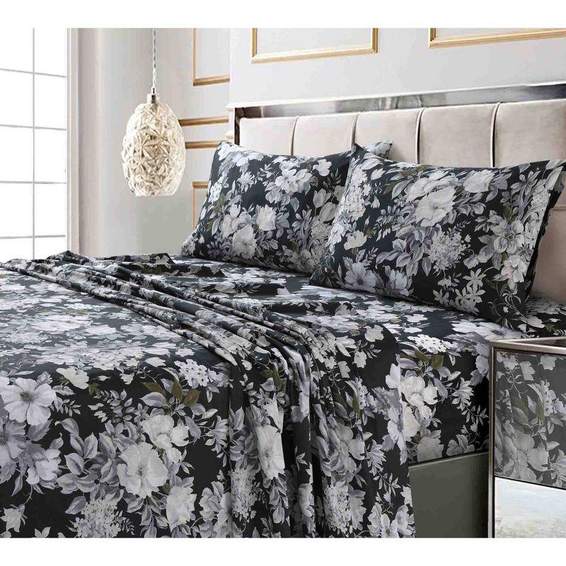 Twin Gray Floral Cotton Deep Pocket Sheet Set