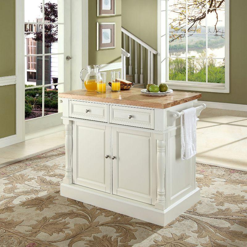 Elegant White Butcher Block Top Kitchen Island with Storage