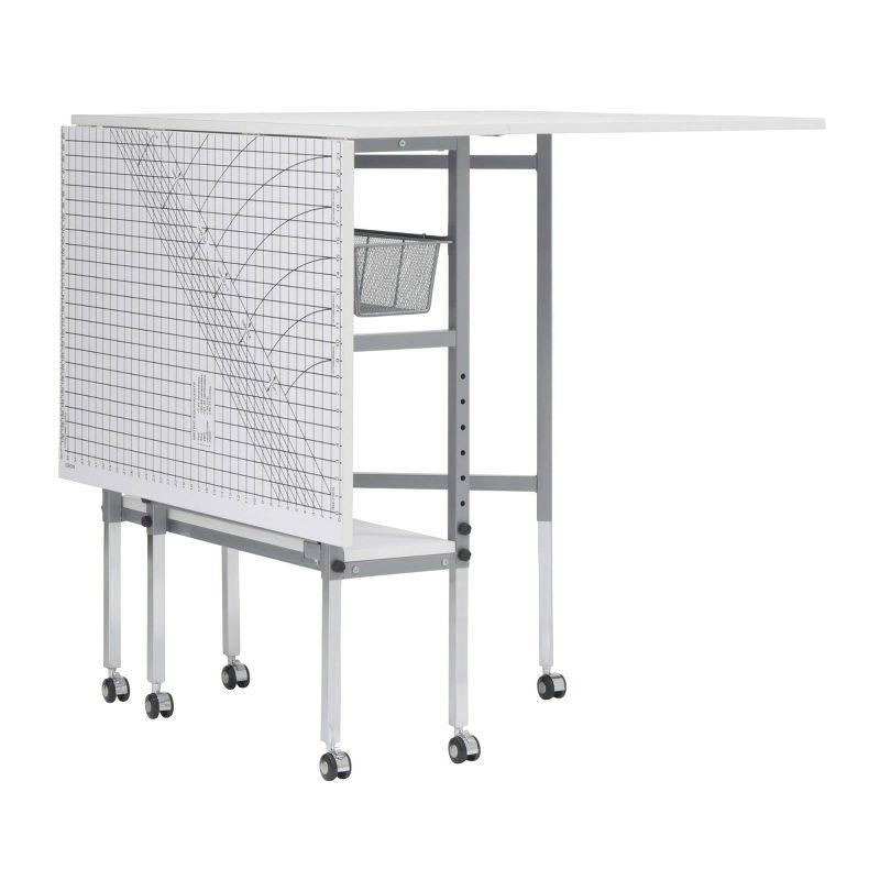 Adjustable Silver and White Folding Cutting Table with Grid Top