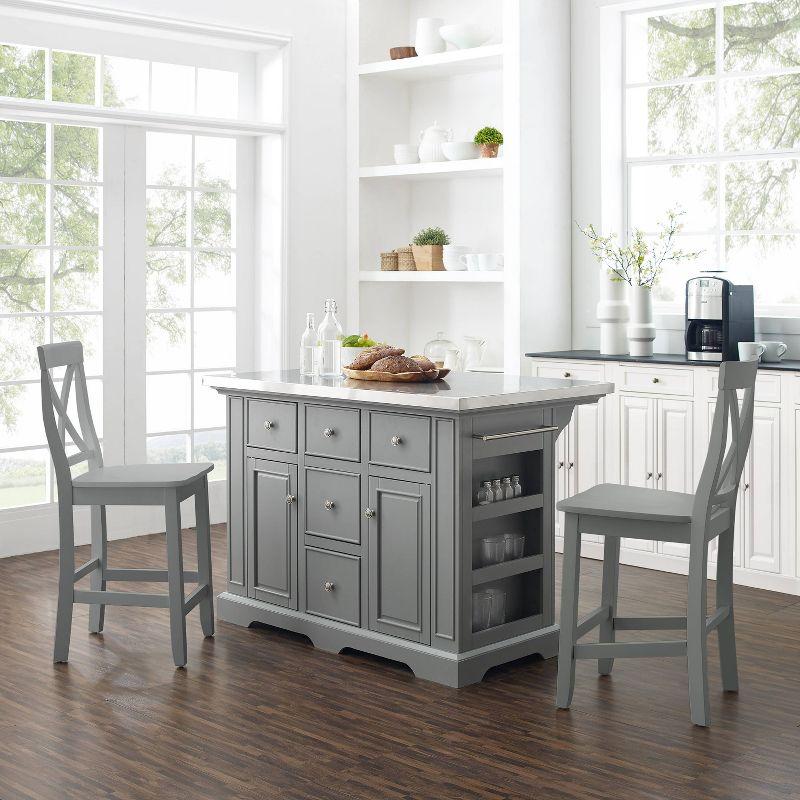 Julia 50'' Gray Stainless Steel Top Kitchen Island Set with X-Back Stools