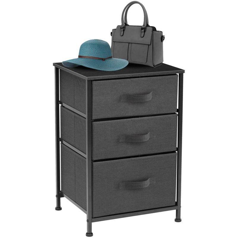 Compact Black 3-Drawer Nightstand with Steel Frame and Wood Top