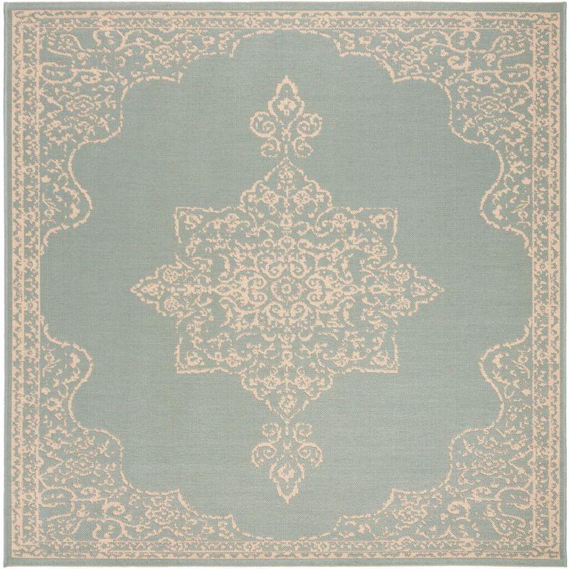 Beach House BHS180 POWER LOOMED Indoor/Outdoor Area Rug - Cream/Aqua - 4'x4' - Safavieh
