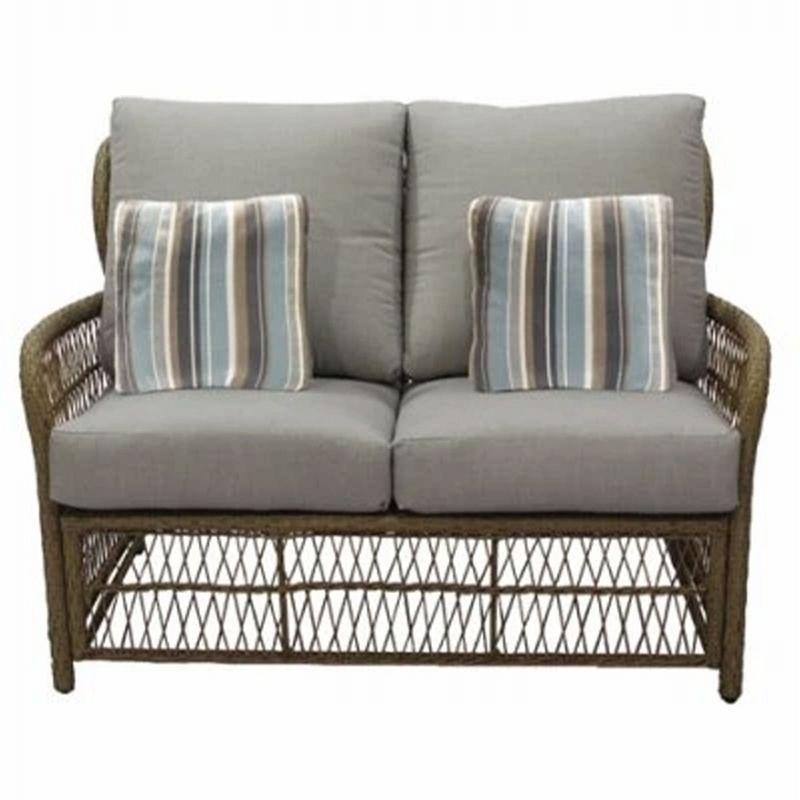 Four Seasons Courtyard Positano Wicker Loveseat Outdoor Bench Seating Furniture with Acrylic Plush Comfortable Lounge Cushions and 2 Accent Pillows