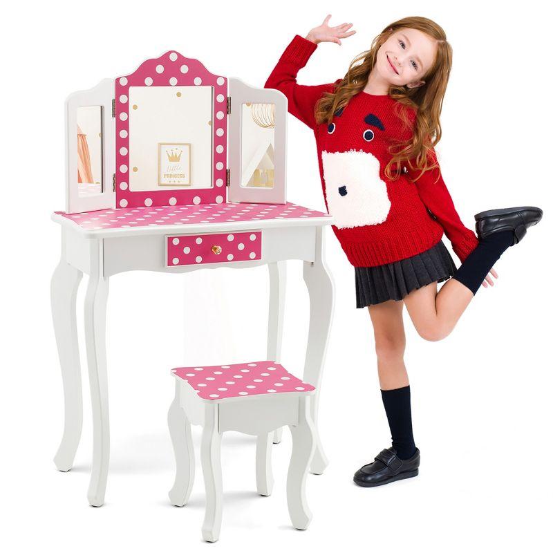 Costway Kid Vanity Set Wooden Makeup Table Stool Tri-Folding Mirror Polka Dot Print Pink