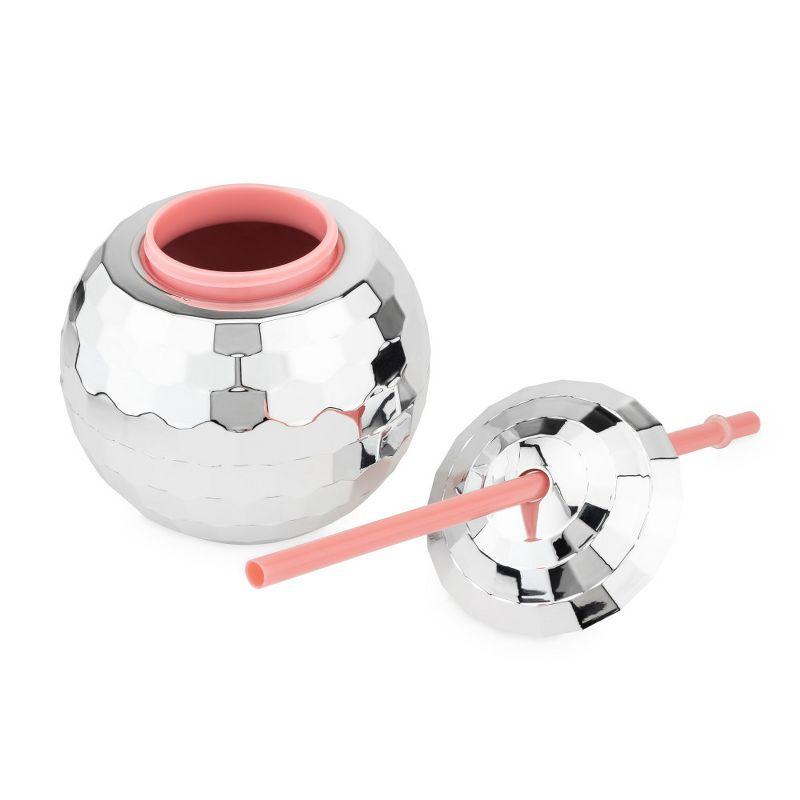 Blush Silver Disco Ball Cup with Straws for Parties - 16 Ounce Cute Sparkly Glitter Cocktail Disco Ball Drink Tumbler, Party Supplies