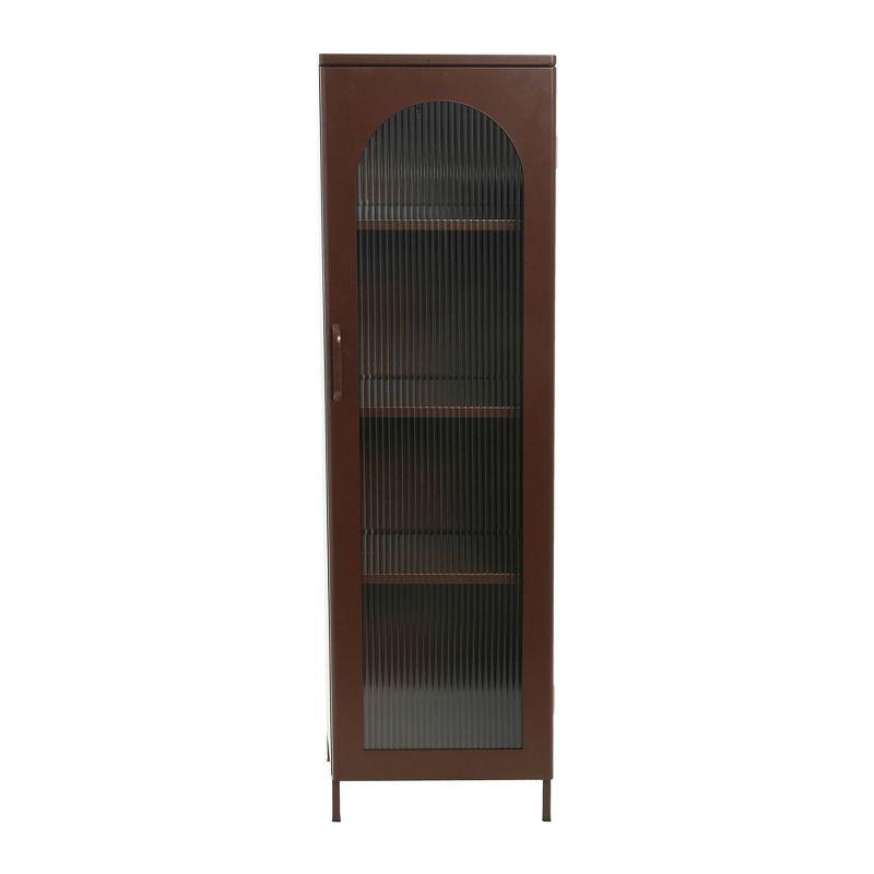 Storied Home Tall Metal Accent Cabinet: 3 Shelves, Arched Glass, Vintage Brown, 57" Height