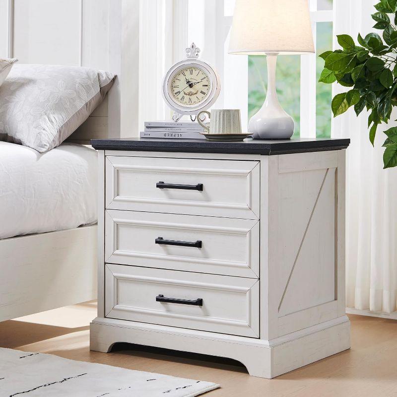 24" Wide Farmhouse Nightstand with Charging Station & 3 Drawers & Handles, End Table for Bedroom, Living Room