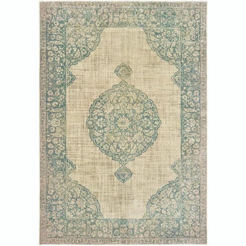 Ivory and Teal Rectangular Synthetic Oriental Area Rug