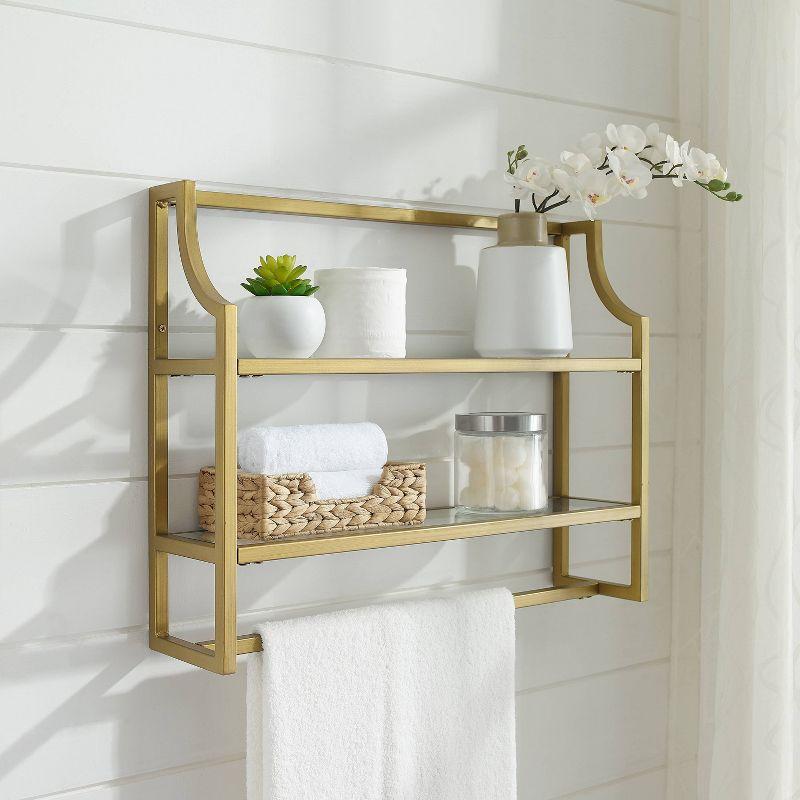 Crosley Aimee Wall Shelf Gold: Modern Luxury Storage with Tempered Glass, Steel Frame, Open Design