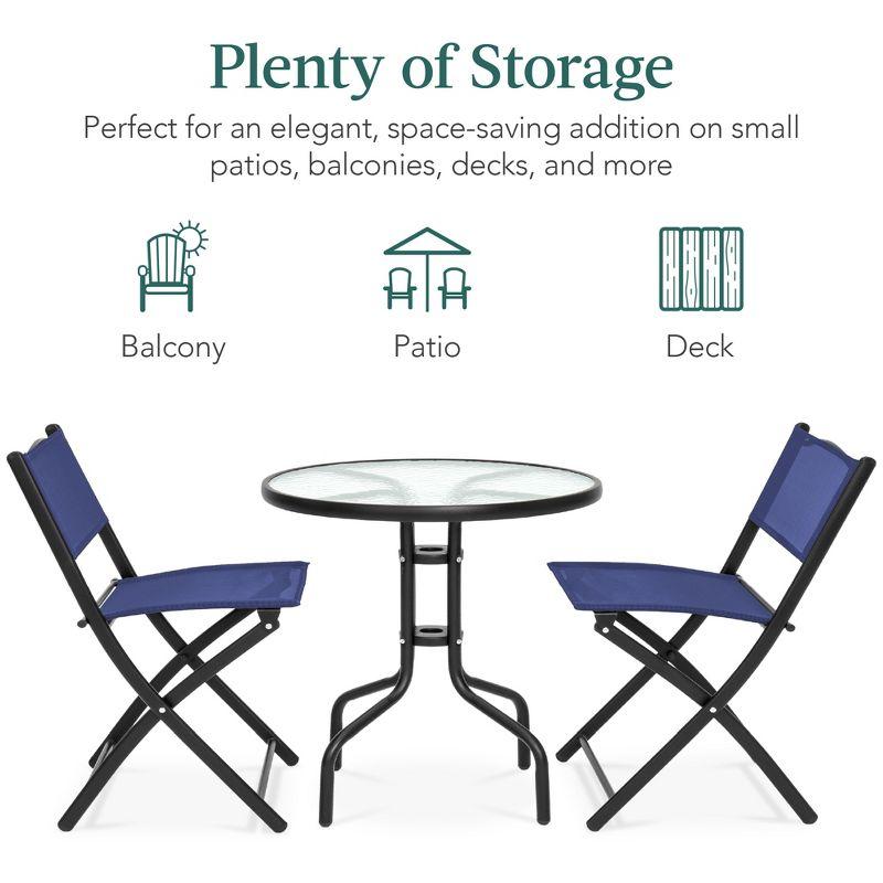 George Oliver 3-Piece Patio Bistro Dining Furniture Set W/ Glass Tabletop, Folding Chairs
