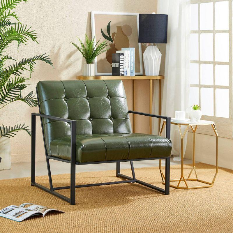 Hunter Green Faux Leather Button-Tufted Accent Chair with Metal Frame