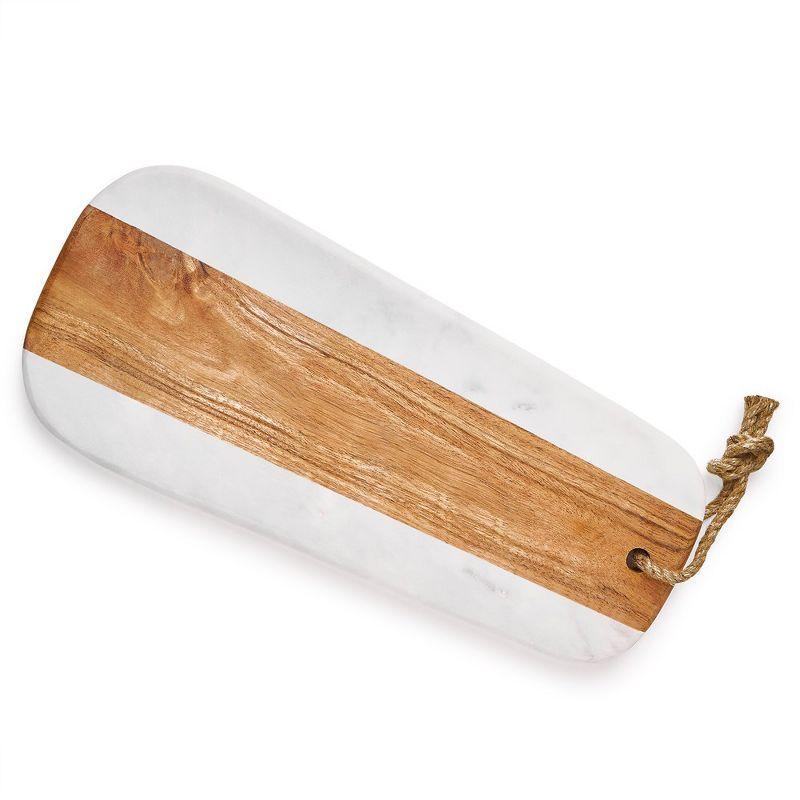 White Marble and Wood Rectangular Cutting Board with Rope Handle