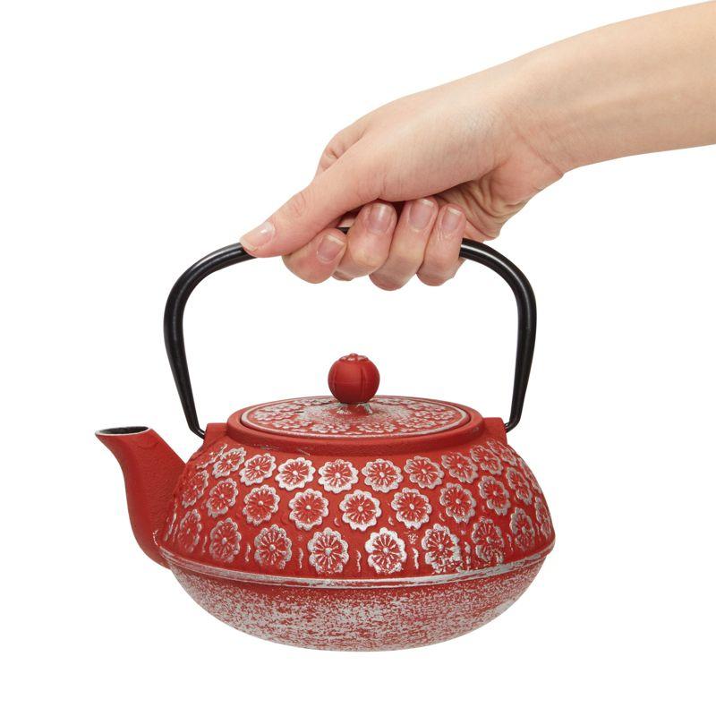 Juvale Red Cast Iron Floral Teapot Kettle with Stainless Steel Infuser Set, Japanese Tea Pot for Kitchen Pantry, 34 oz