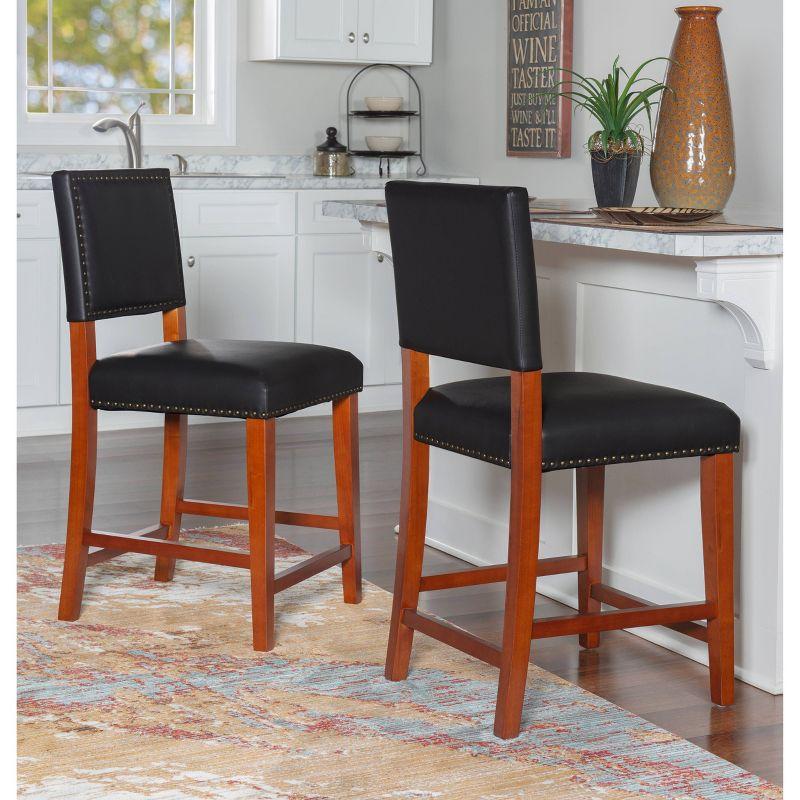 24" Brook Padded Back Faux Leather Nailhead Counter Height Barstool Black - Linon: Cherry-Stained Legs, Footrails