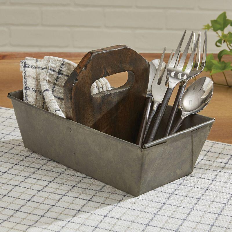 Vintage Gray Metal Utility Caddy with Wood Handle