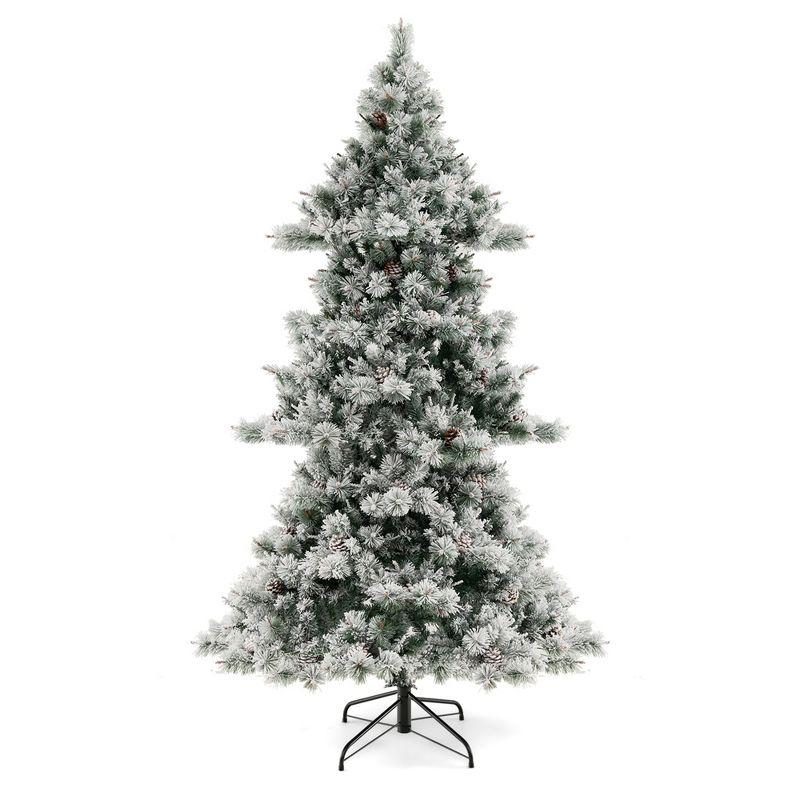 Costway 7 FT Flocked Christmas Tree Hinged Xmas Decoration with 420 LED Lights & 1057 Tips