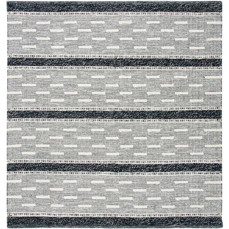 Black and Ivory Striped Kilim Handwoven Wool Cotton Area Rug