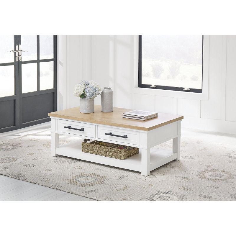 White and Natural Wood Rectangular Coffee Table with Storage