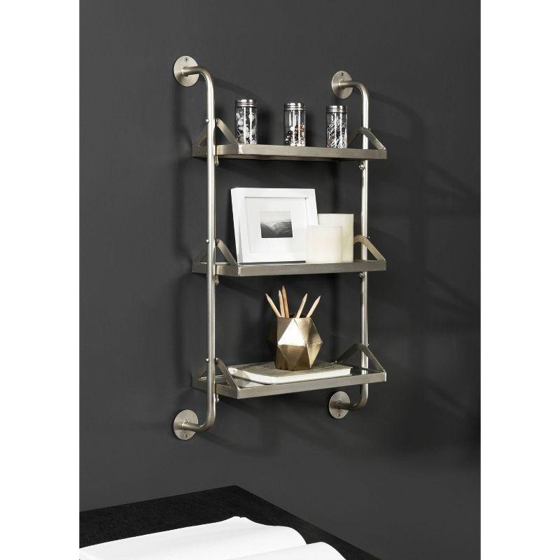 Silver Metal Three-Tier Floating Wall Shelf with Glass