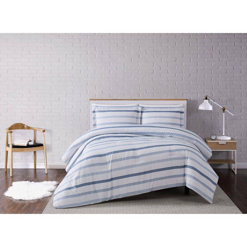 Cozy Waffle Stripe King Quilt Set in Blue - Microfiber Reversible