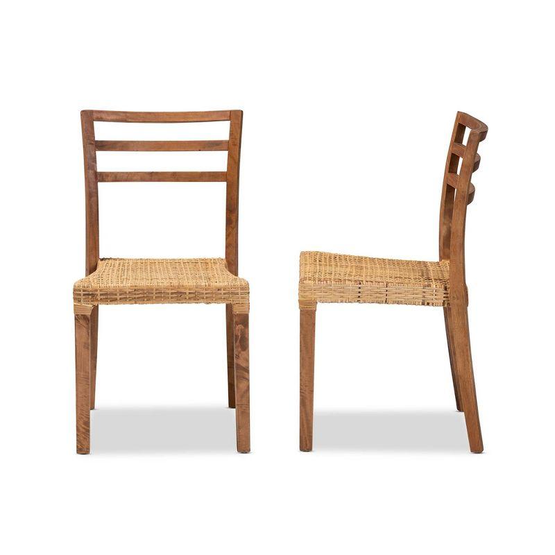 Arthur Mid-Century Modern Walnut and Natural Rattan Dining Chair Set