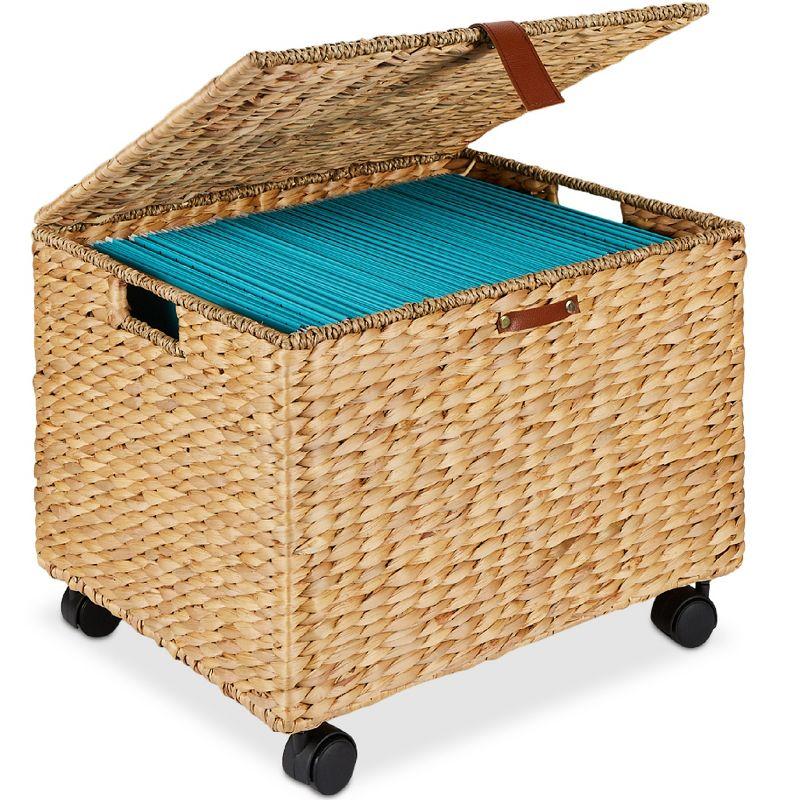 Best Choice Products Hyacinth Rolling Filing Cabinet Mobile Organizer Storage Basket w/ Lid, Locking Wheels - Natural