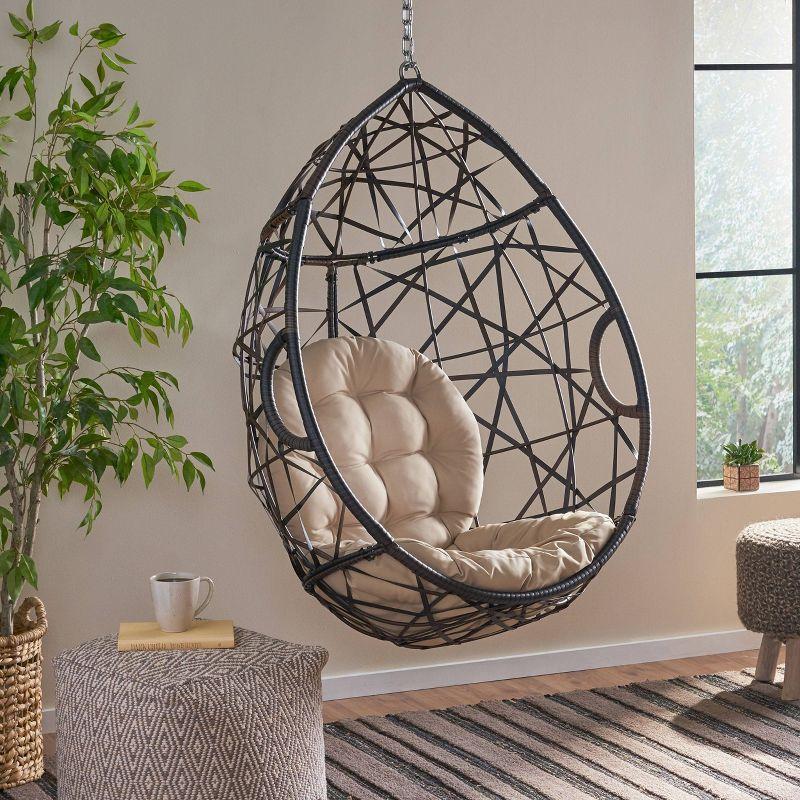 Cayuse Wicker Tear Drop Hanging Chair - Brown/Tan - Christopher Knight Home: Outdoor Patio Swing with Cushion