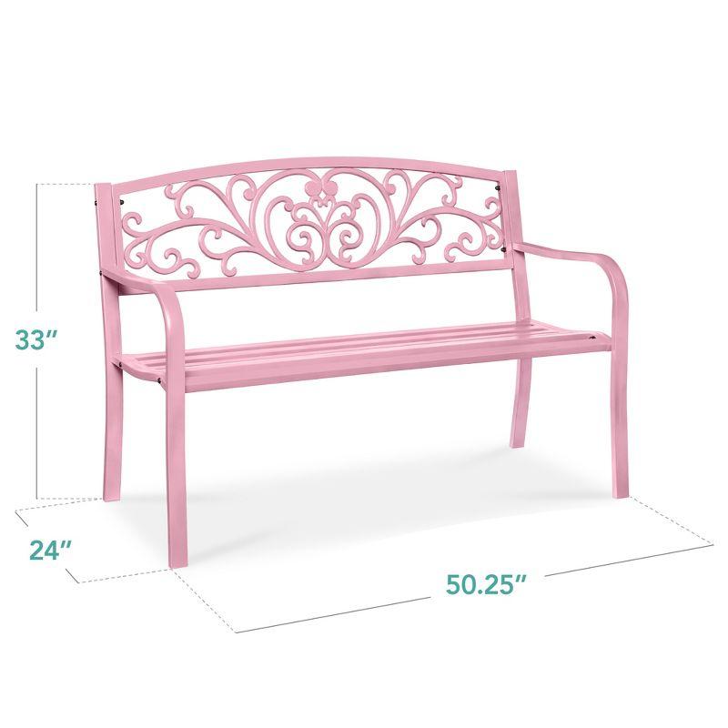 World Menagerie Outdoor Steel Bench with Floral Backrest & Slatted Seat, Marigold for Garden, Patio, Porch, Lawn, and Deck