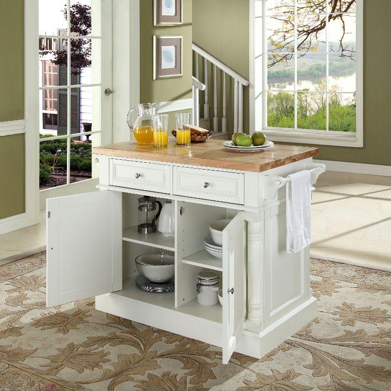 Crosley Butcher Block Top Kitchen Island - White: Hardwood Frame, Towel Bar, 4 Shelves, 2 Drawers