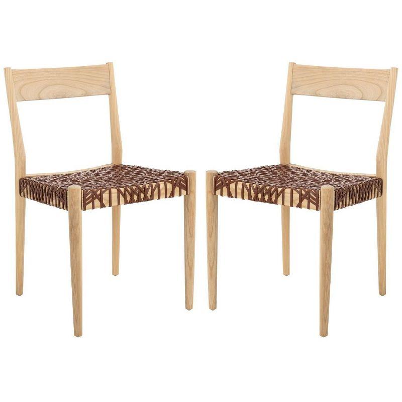 Chic Cognac Woven Leather & Natural Wood Dining Chair Set