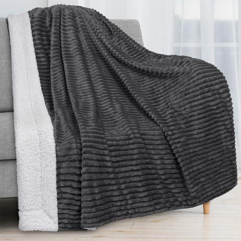 PAVILIA Soft Thick Fleece Flannel Ribbed Striped Throw Blanket, Luxury Fuzzy Plush Warm Cozy for Sofa Couch Bed