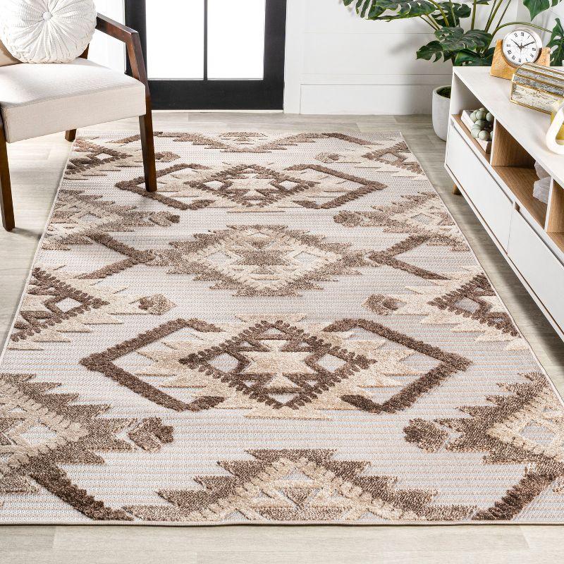 Sumak High-Low Pile Neutral Diamond Kilim Indoor/Outdoor Area Rug - JONATHAN Y