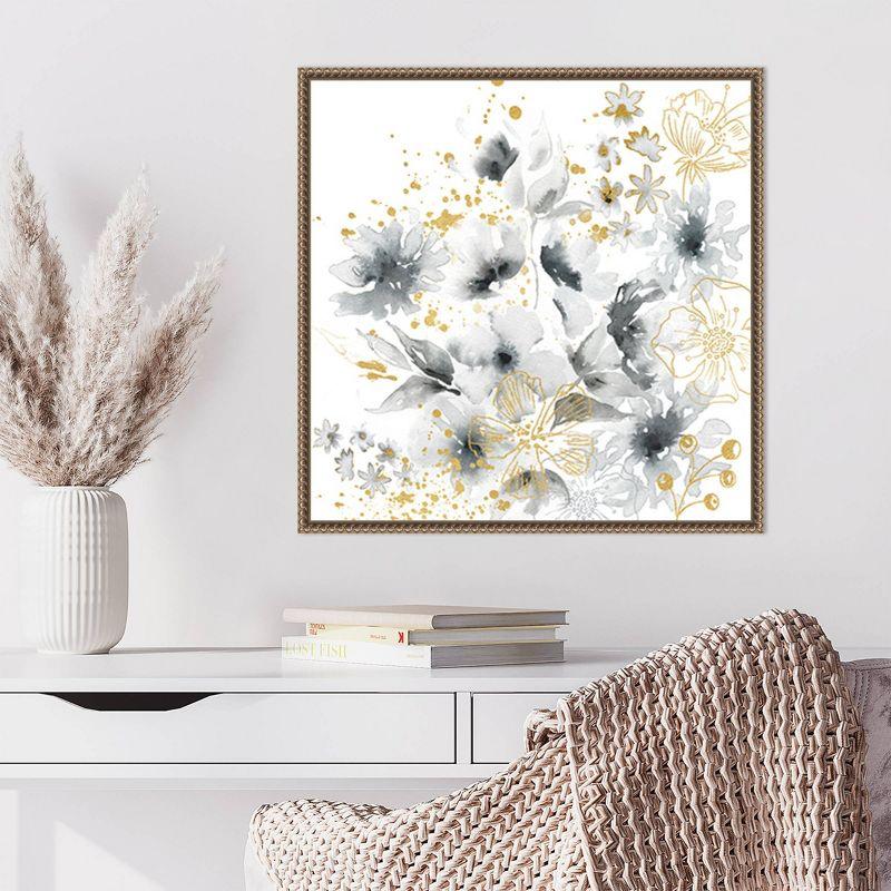 Watercolor Gray and Goldenrod Floral Canvas with Bronze Frame