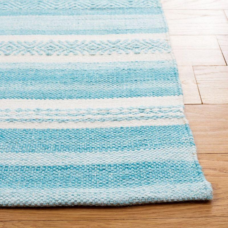 Ivory and Turquoise Striped 4' x 6' Flat Woven Wool Rug