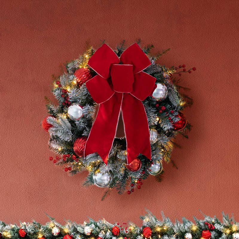 Haute Décor 24in Pre-Lit LED Flocked Wreath: Christmas Outdoor/Indoor Wreath, 50 White Lights, Faux Berries & Bow