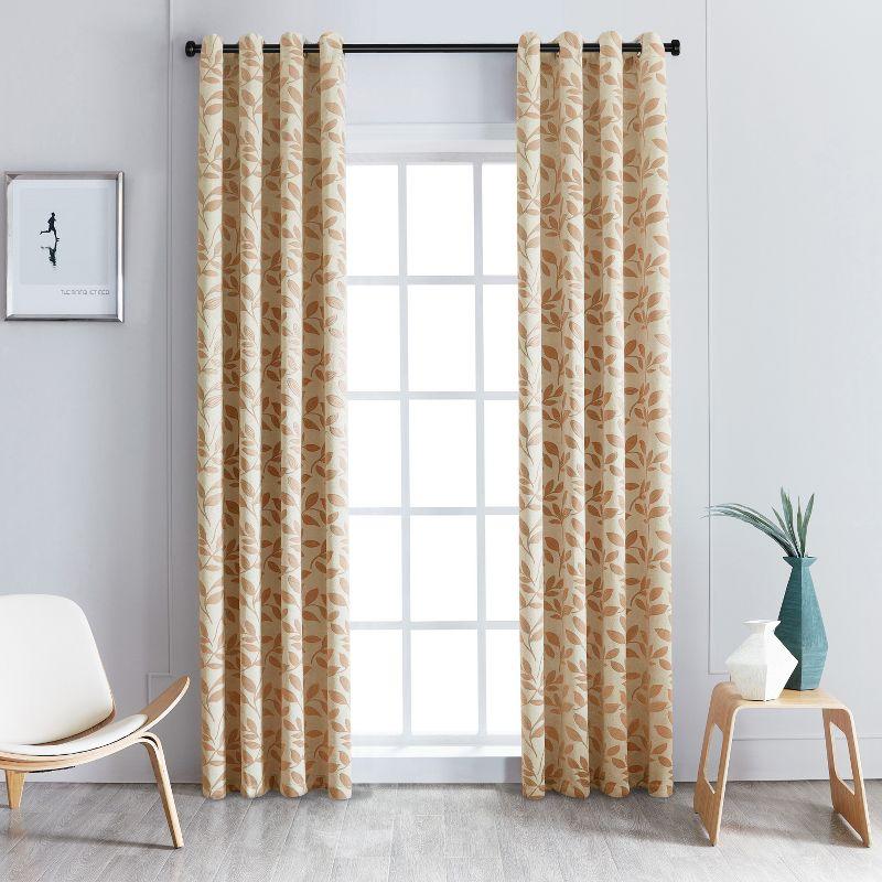 Modern Bohemian Leaves Room Darkening Semi-Blackout Curtains, Set of 2, 52"x108", Bronze - Blue Nile Mills