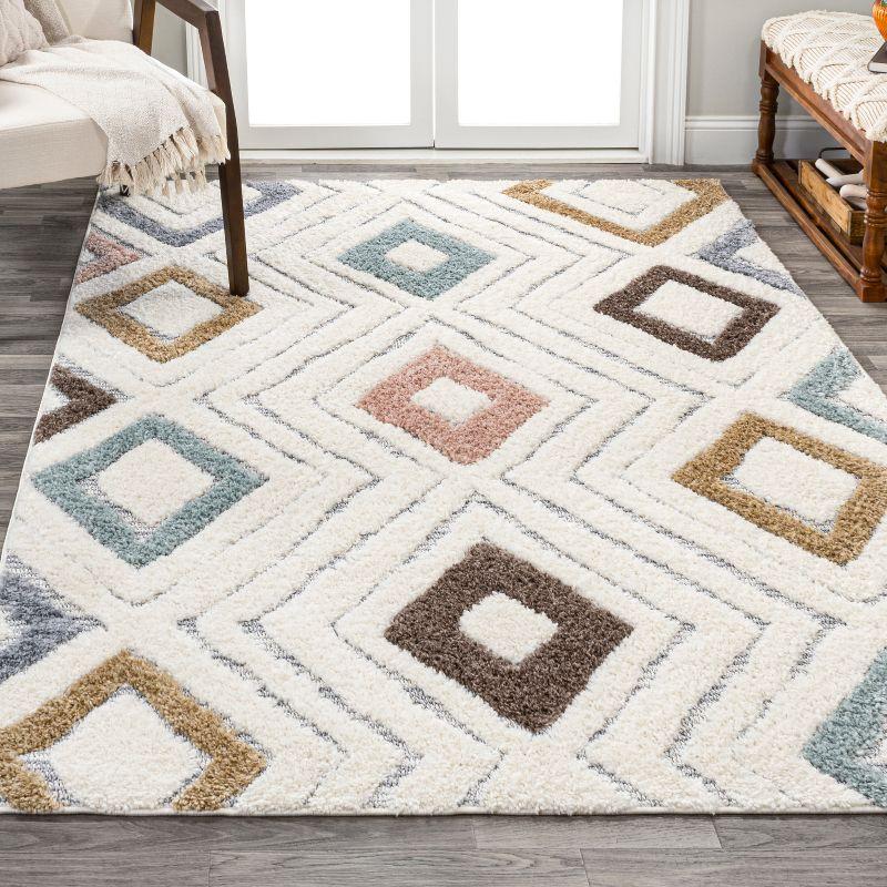 Ivory and Multicolor Geometric Diamond High-Low Area Rug