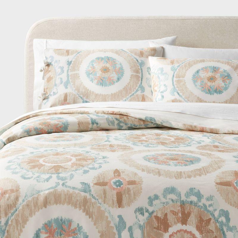 Full/Queen Ivory and Light Teal Cotton Suzani Print Duvet Cover Set