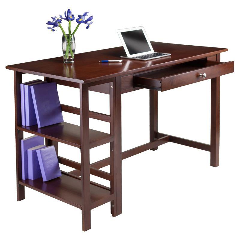 Transitional Walnut Wood Home Office Desk with Drawer and Shelves