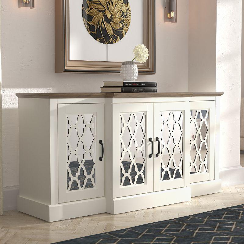 Galano Heron 59.1in. 4 Door Wide Accent Sideboard with Adjustable Shelves in Ivory, Black with Knotty Oak