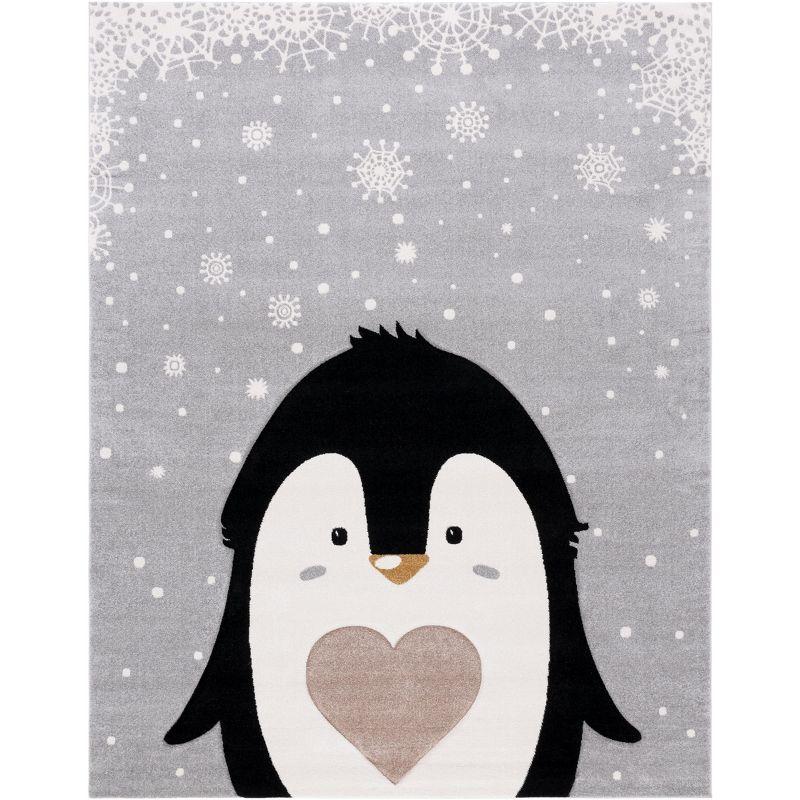 Whimsical Penguin Parade 8' x 10' Light Grey Synthetic Area Rug for Kids