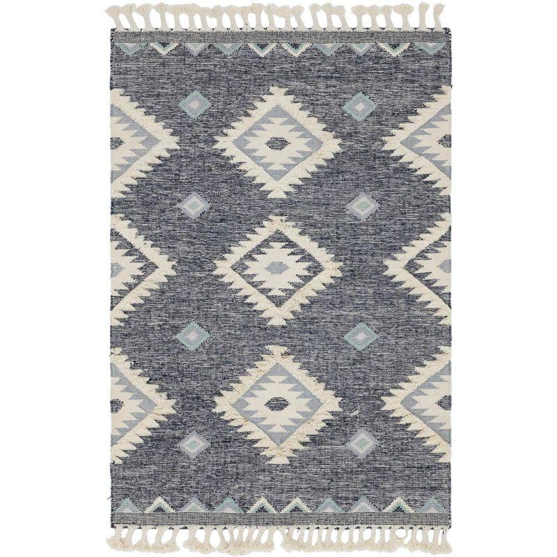 Dark Blue Geometric Wool 6x9 Area Rug with Fringe