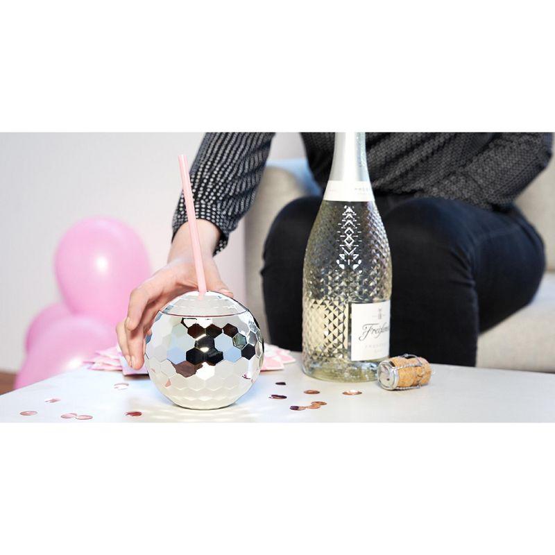 Blush Silver Disco Ball Cup with Straws for Parties - 16 Ounce Cute Sparkly Glitter Cocktail Disco Ball Drink Tumbler, Party Supplies
