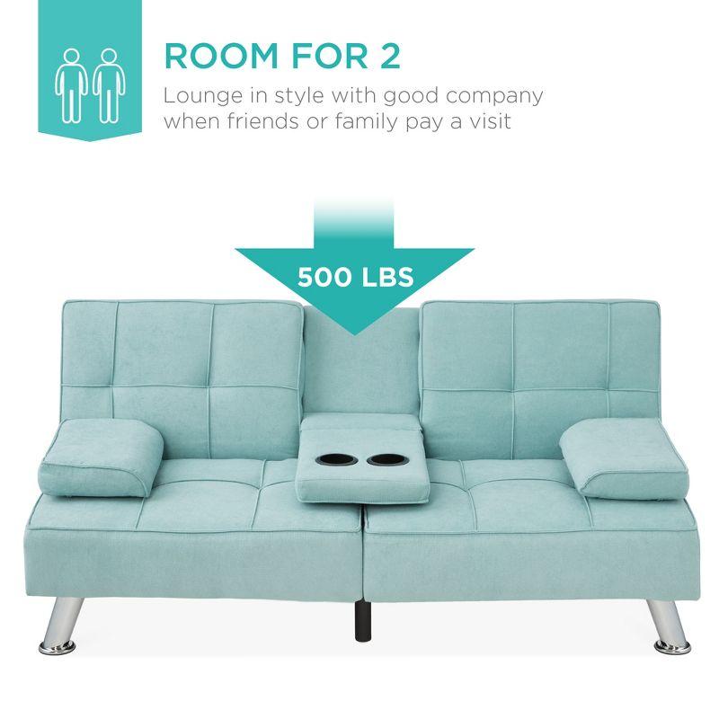 Best Choice Products Modern Linen Convertible Futon Sofa Bed w/ Removable Armrests, Metal Legs, Cupholders - Aqua